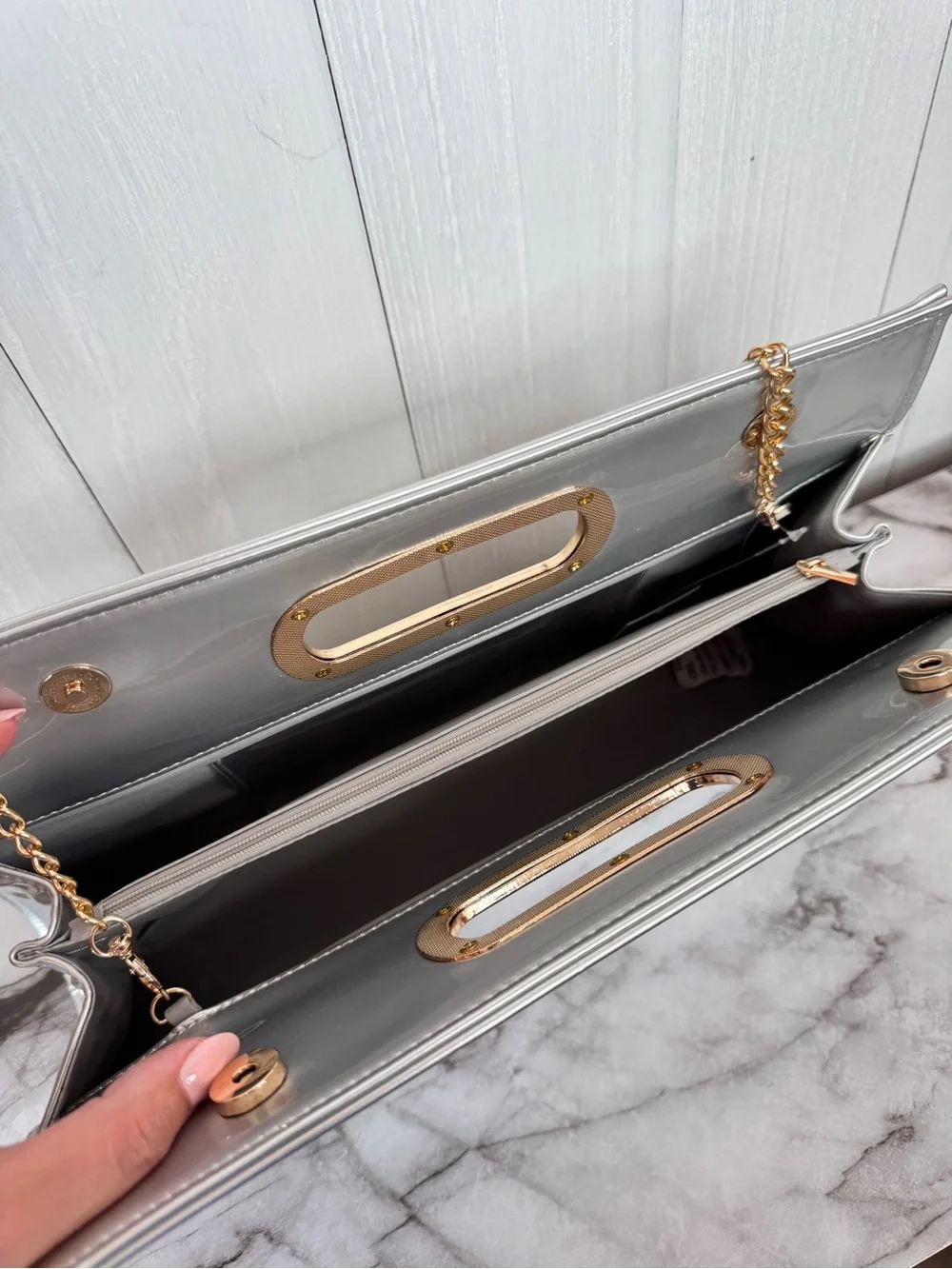 Metallic Silver Chain-Handle Women’s Clutch Bag